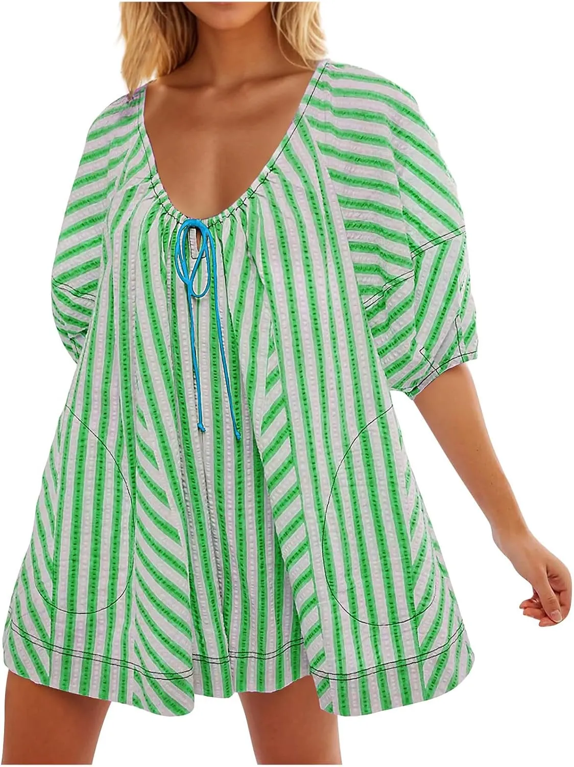 Sun Dresses for Women 2024 Casual Stripes Print Oversized Babydoll Mini Dress Short Sleeve V-Neck Lace Up Sundresses