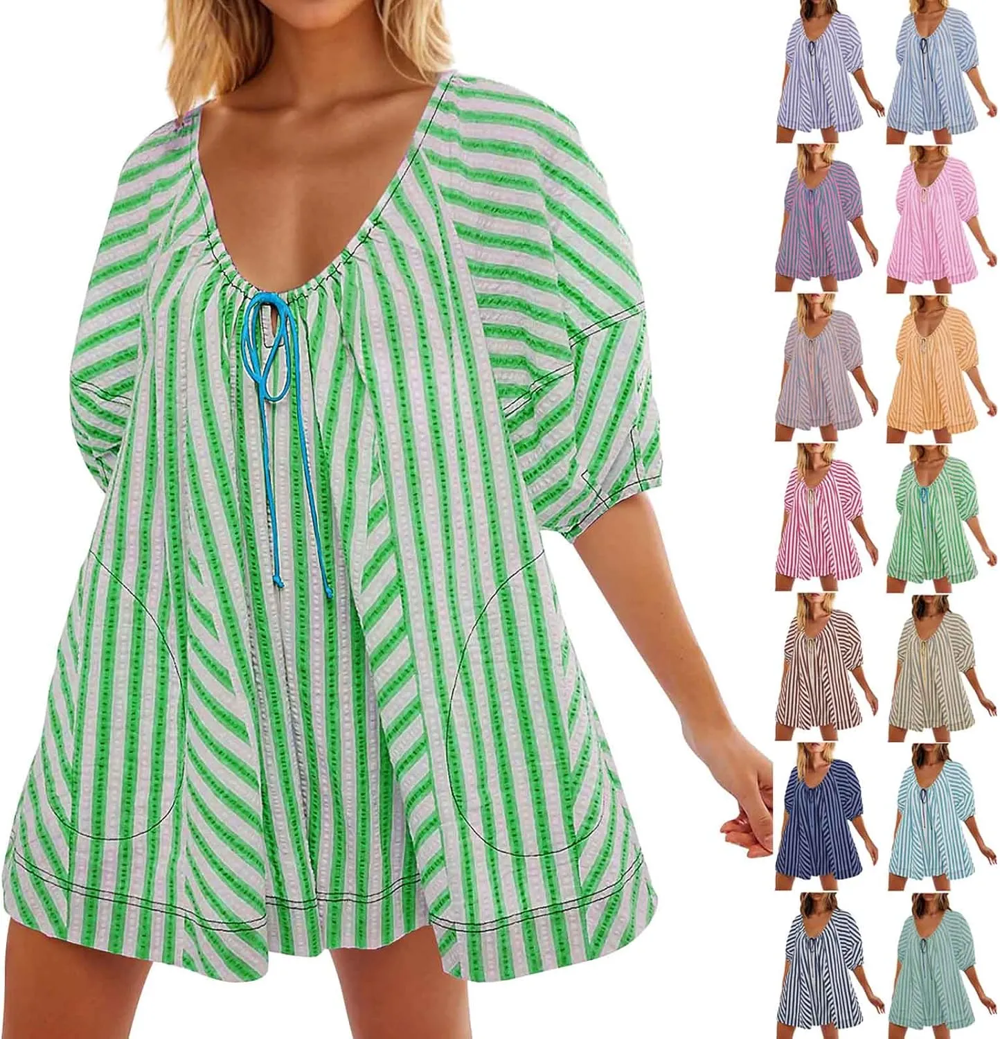 Sun Dresses for Women 2024 Casual Stripes Print Oversized Babydoll Mini Dress Short Sleeve V-Neck Lace Up Sundresses