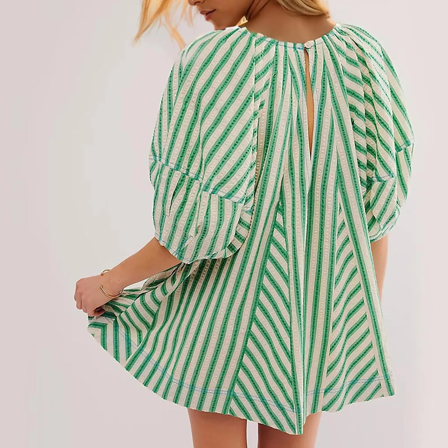Sun Dresses for Women 2024 Casual Stripes Print Oversized Babydoll Mini Dress Short Sleeve V-Neck Lace Up Sundresses