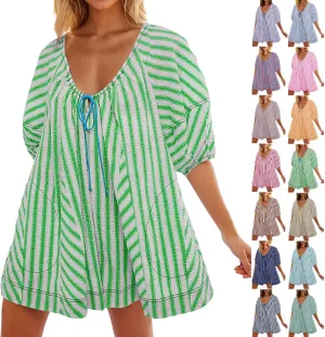 Sun Dresses for Women 2024 Casual Stripes Print Oversized Babydoll Mini Dress Short Sleeve V-Neck Lace Up Sundresses