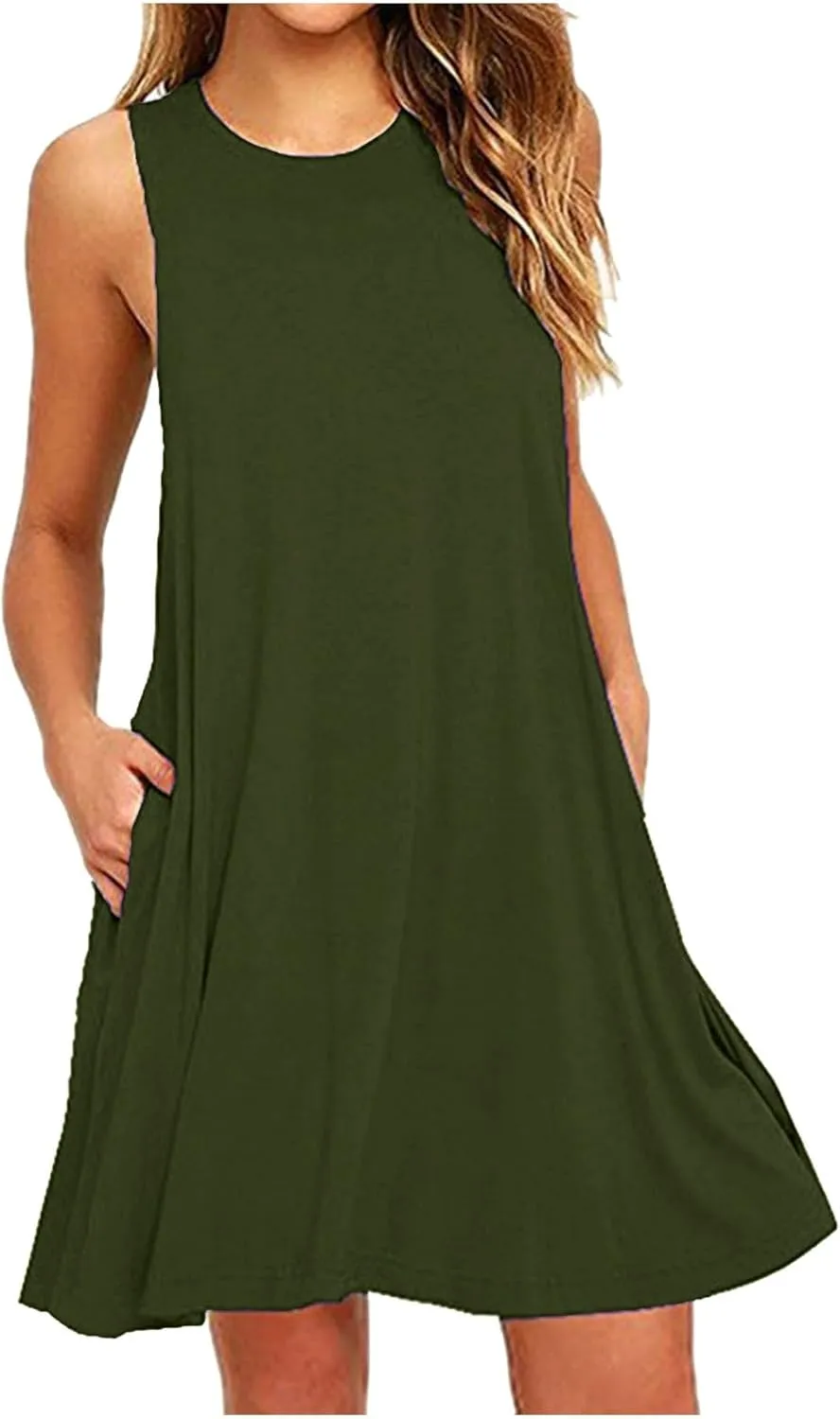Sundresses for Women 2024 Solid Color Crewneck Sleeveless Summer Dress Loose Fit Tunic Midi Dress Flowy Swing Sundresses