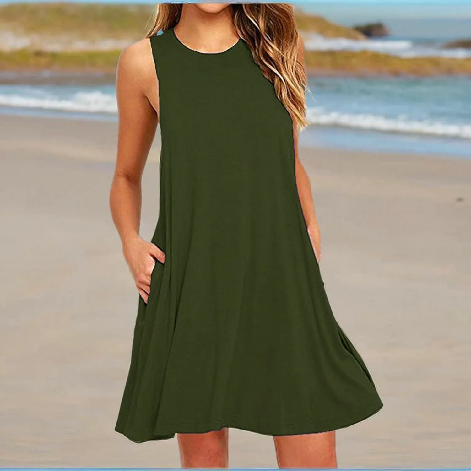 Sundresses for Women 2024 Solid Color Crewneck Sleeveless Summer Dress Loose Fit Tunic Midi Dress Flowy Swing Sundresses