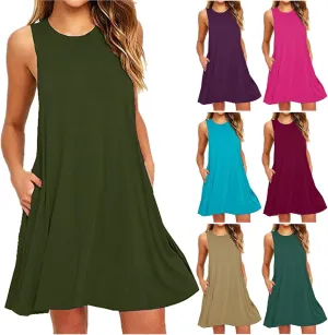 Sundresses for Women 2024 Solid Color Crewneck Sleeveless Summer Dress Loose Fit Tunic Midi Dress Flowy Swing Sundresses