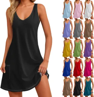 Sundresses for Women 2025 Casual Sleeveless V Neck Mini Tank Tshirt Dress with Pockets A Line Flowy Beach Dresses