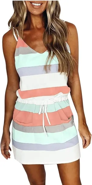 Sundresses for Women 2025 Spaghetti Straps Elastic Waist Sexy Mini Dress Boho Striped Beach Short Dress with Pockets