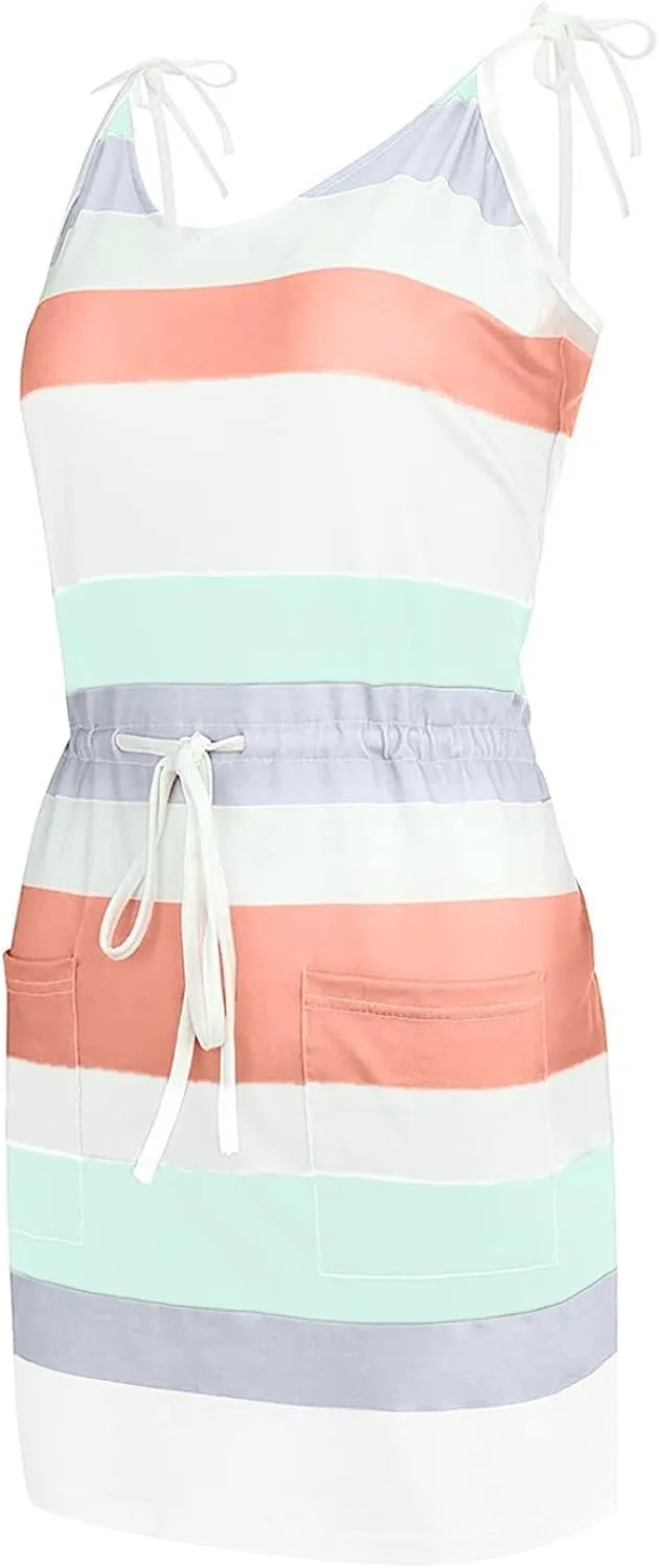 Sundresses for Women 2025 Spaghetti Straps Elastic Waist Sexy Mini Dress Boho Striped Beach Short Dress with Pockets