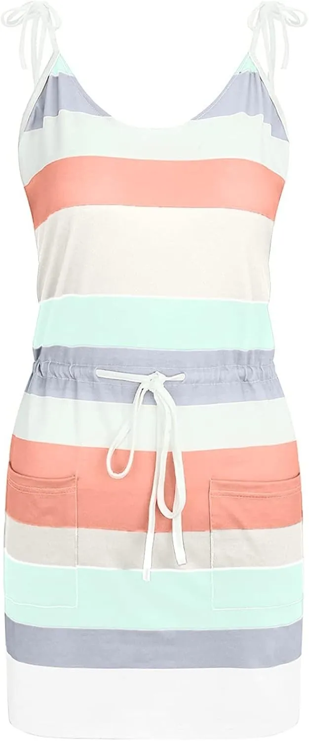 Sundresses for Women 2025 Spaghetti Straps Elastic Waist Sexy Mini Dress Boho Striped Beach Short Dress with Pockets