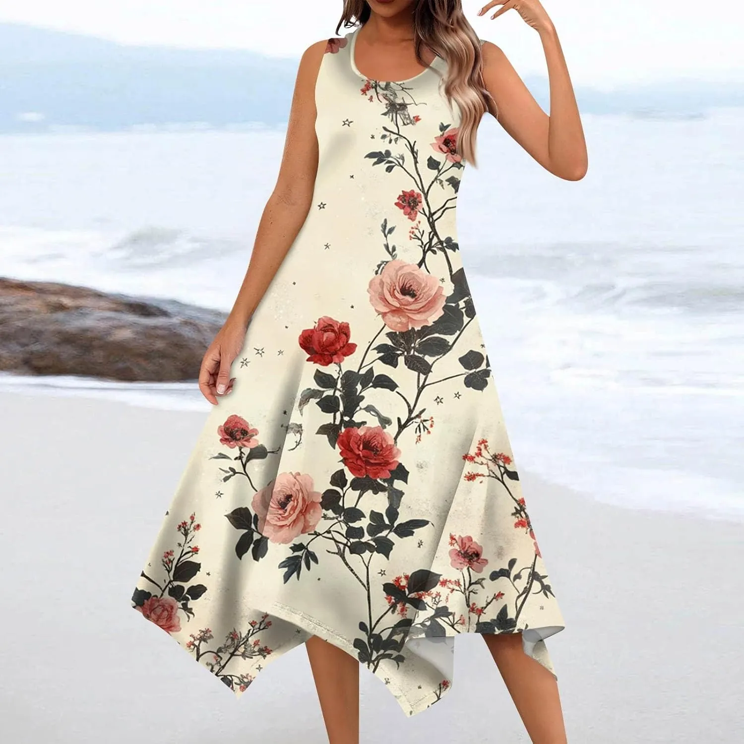 Sundresses for Women Boho Floral Beach Cover Up Midi Dresses Summer Vacation A Line Flowy Swing Sleeveless Dress