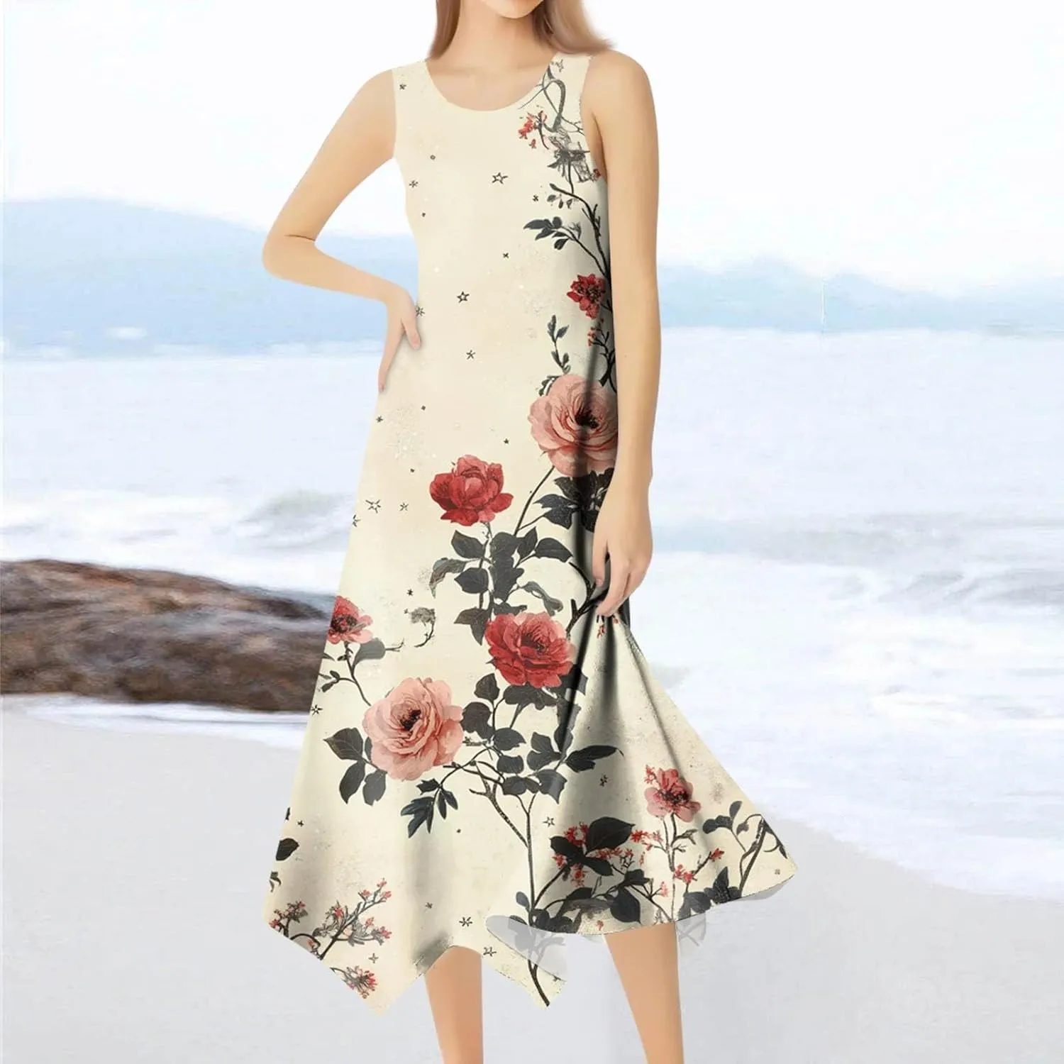 Sundresses for Women Boho Floral Beach Cover Up Midi Dresses Summer Vacation A Line Flowy Swing Sleeveless Dress