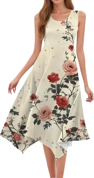 Sundresses for Women Boho Floral Beach Cover Up Midi Dresses Summer Vacation A Line Flowy Swing Sleeveless Dress