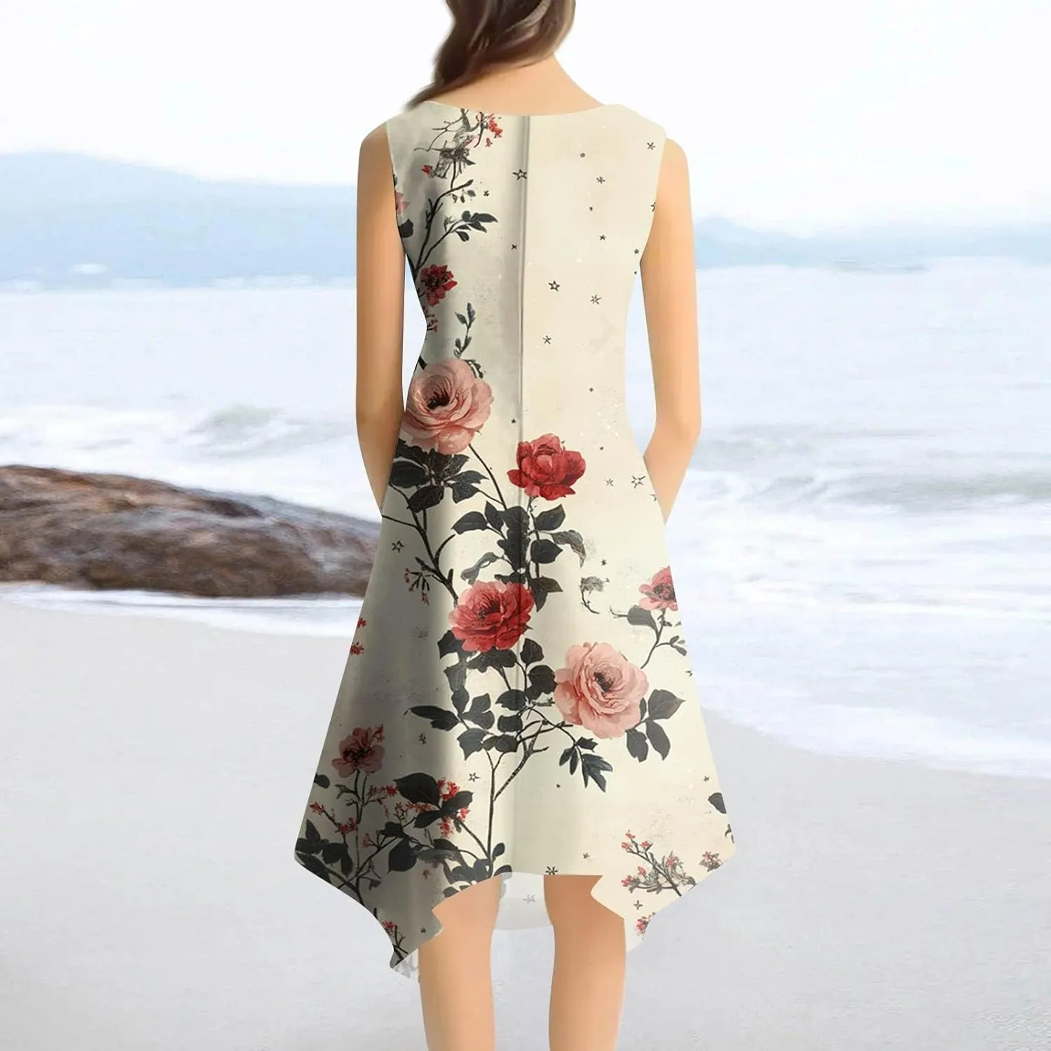 Sundresses for Women Boho Floral Beach Cover Up Midi Dresses Summer Vacation A Line Flowy Swing Sleeveless Dress