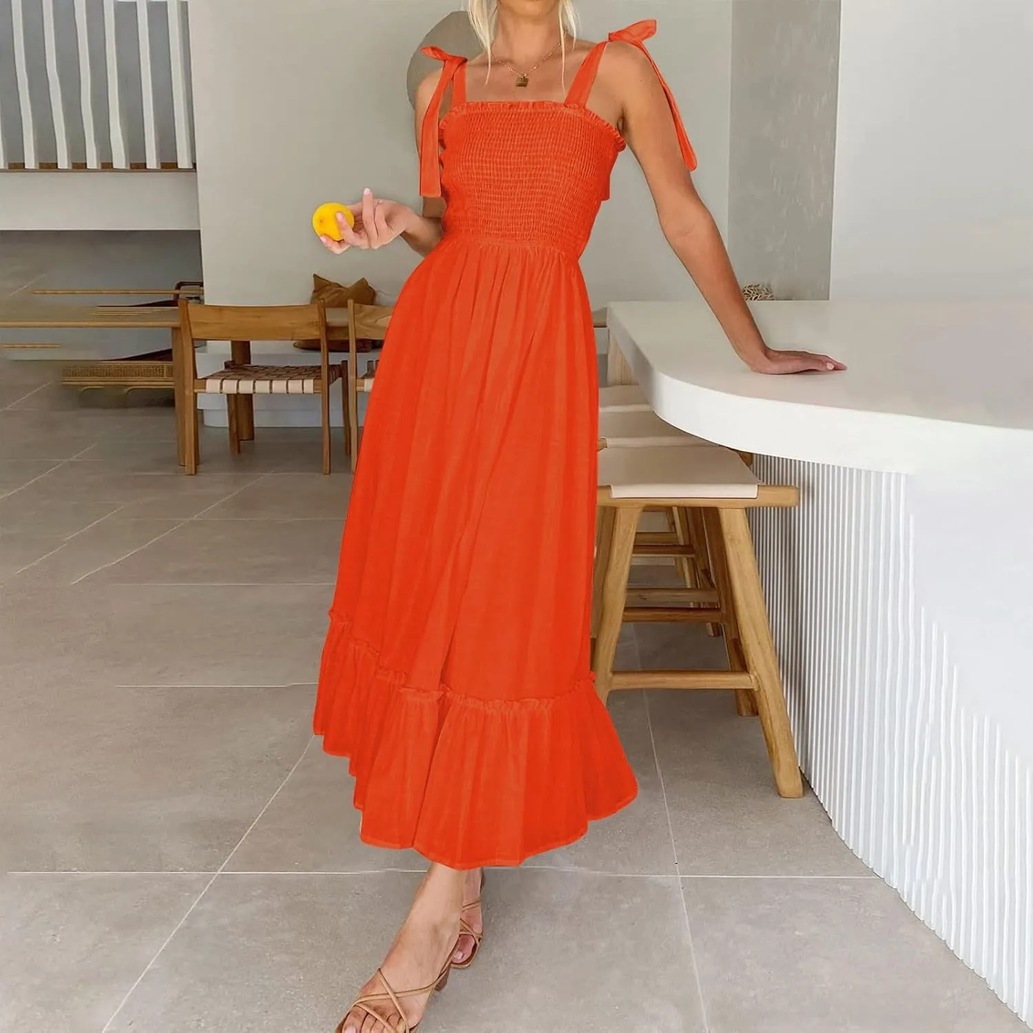 Sundresses for Women Fashion Strap Square Neck Sleeveless Summer Dresses Casual Beach Vacation Long Maxi A Line Dress