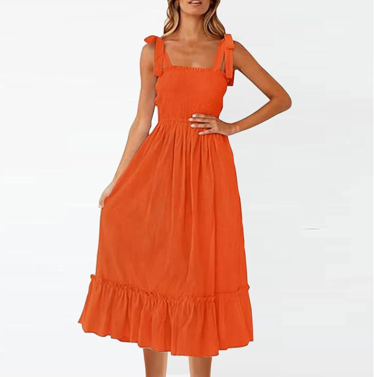 Sundresses for Women Fashion Strap Square Neck Sleeveless Summer Dresses Casual Beach Vacation Long Maxi A Line Dress