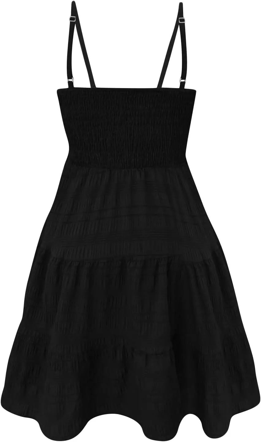 Sundresses for Women Smocked Spaghetti Strap Square Neck Mini Babydoll Dress Casual Summer Flowy Tiered Ruffle Dress