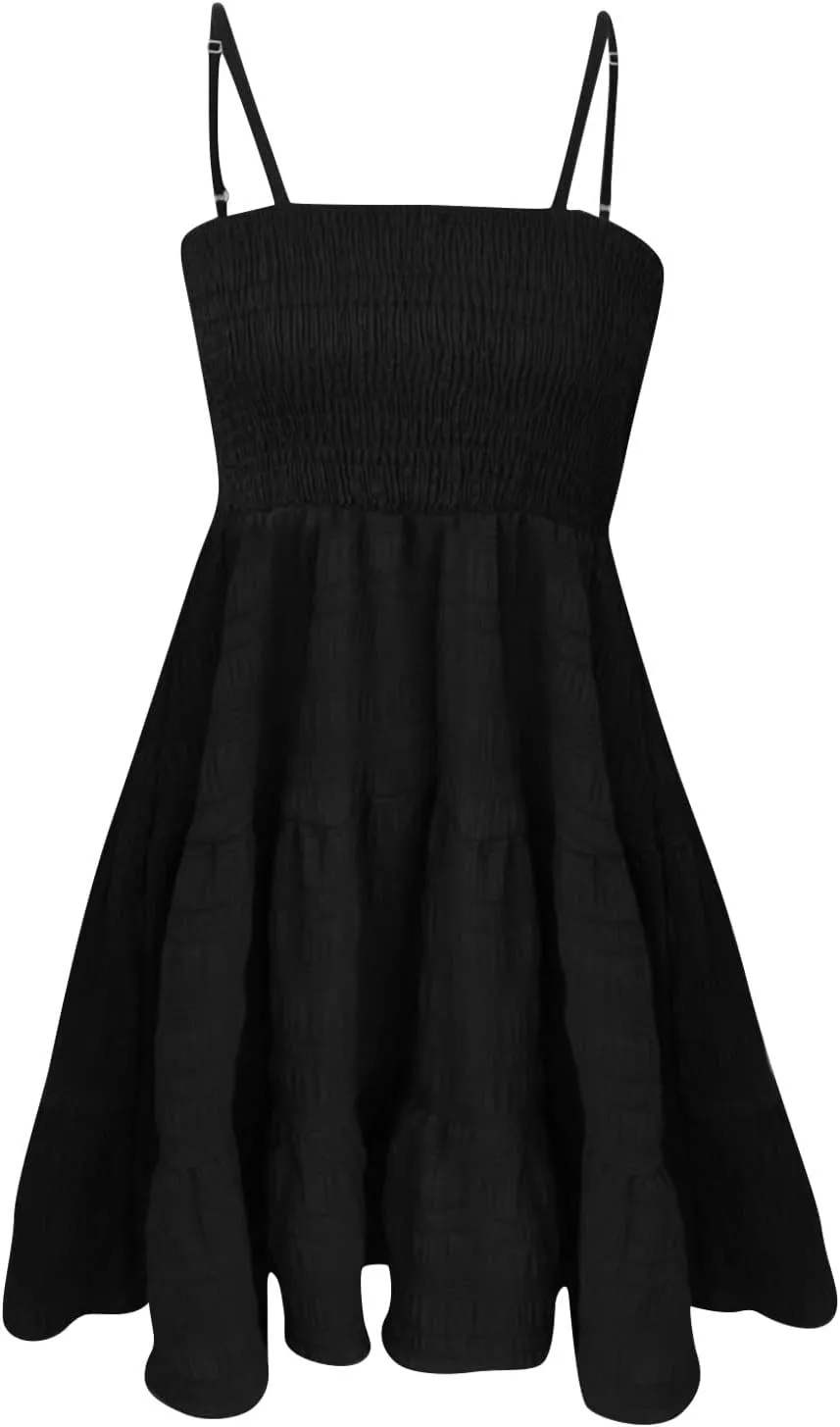 Sundresses for Women Smocked Spaghetti Strap Square Neck Mini Babydoll Dress Casual Summer Flowy Tiered Ruffle Dress