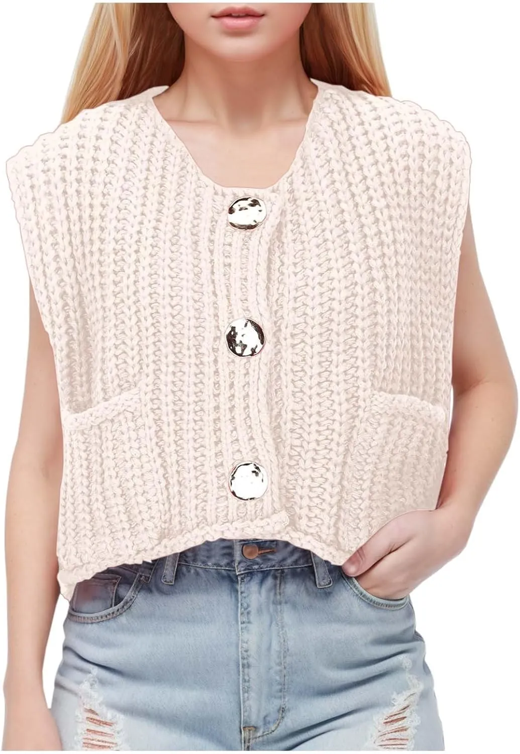Sweater Vest for Women Cropped Sweater Vest Top Chunky Knit Vest Button Crochet Top Oversized Sleeveless Cardigan Top