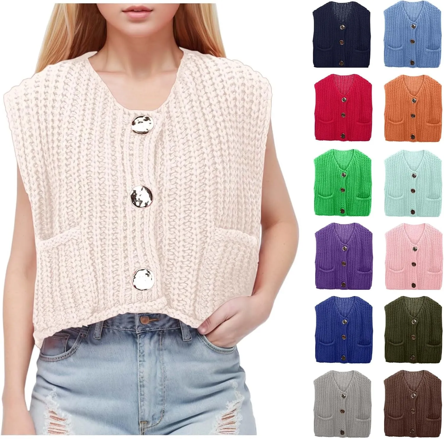 Sweater Vest for Women Cropped Sweater Vest Top Chunky Knit Vest Button Crochet Top Oversized Sleeveless Cardigan Top
