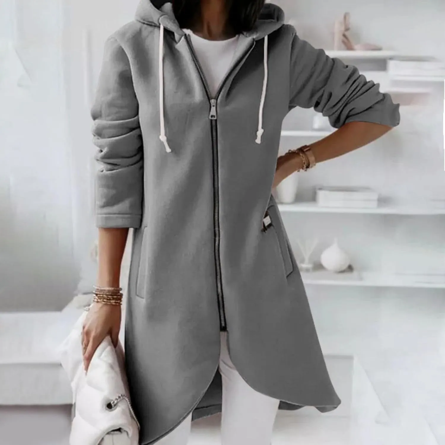 Sweatshirts for Women Zipper Irregular Hem Long Hoodies Fleece Sweatshirts Tunic Causl Jacket Long Sleeve Tops
