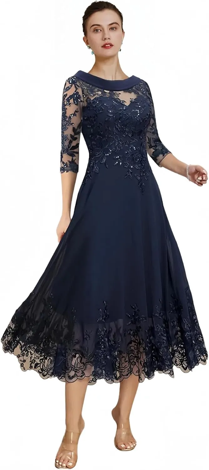 Tea Length Chiffon Mother of The Bride Dresses for Wedding Lace Applique Sequins A Line Formal Evening Gown