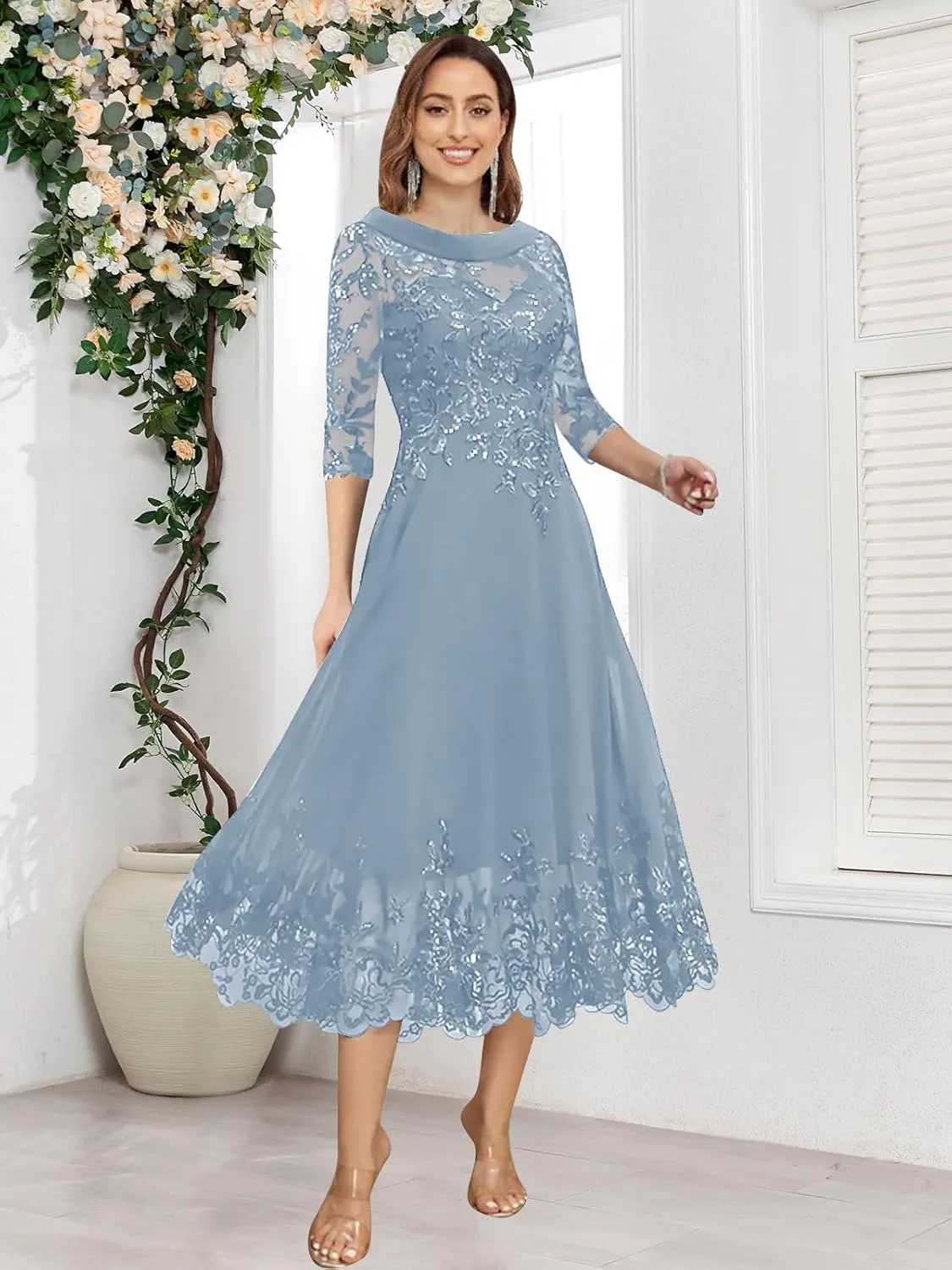 Tea Length Chiffon Mother of The Bride Dresses for Wedding Lace Applique Sequins A Line Formal Evening Gown