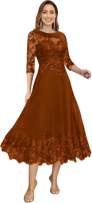 Tea Length Chiffon Mother of The Bride Dresses for Wedding Lace Applique Sequins A Line Formal Evening Gown