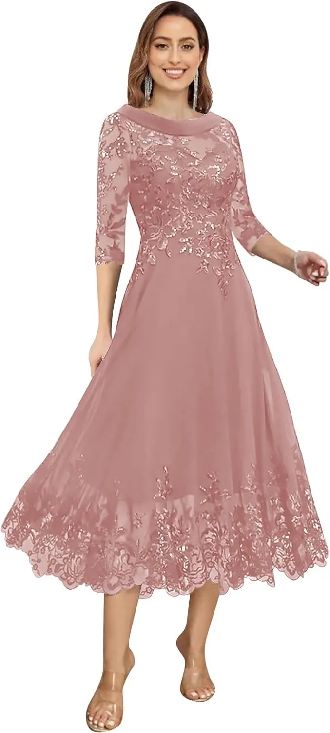 Tea Length Chiffon Mother of The Bride Dresses for Wedding Lace Applique Sequins A Line Formal Evening Gown