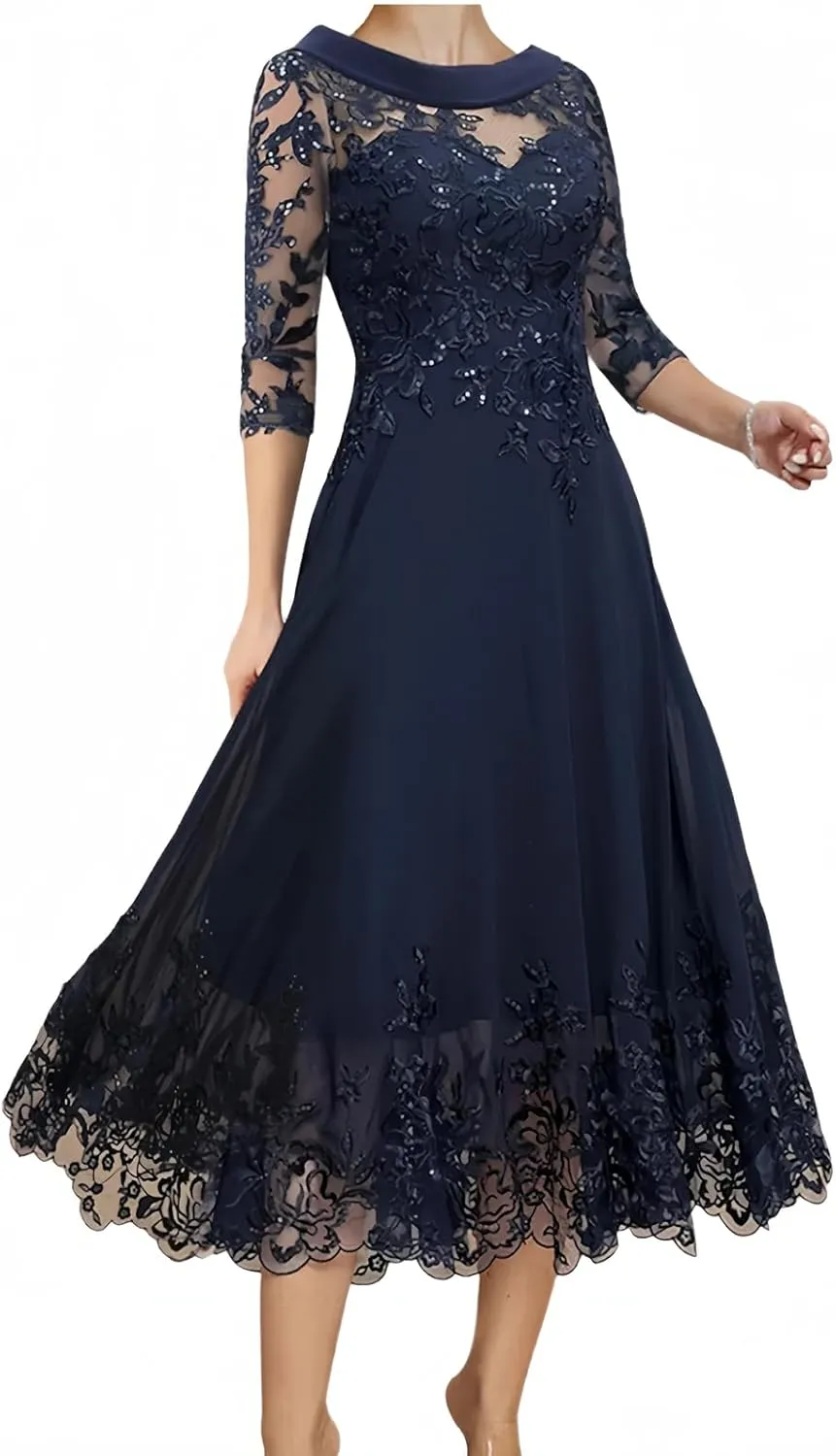 Tea Length Chiffon Mother of The Bride Dresses for Wedding Lace Applique Sequins A Line Formal Evening Gown