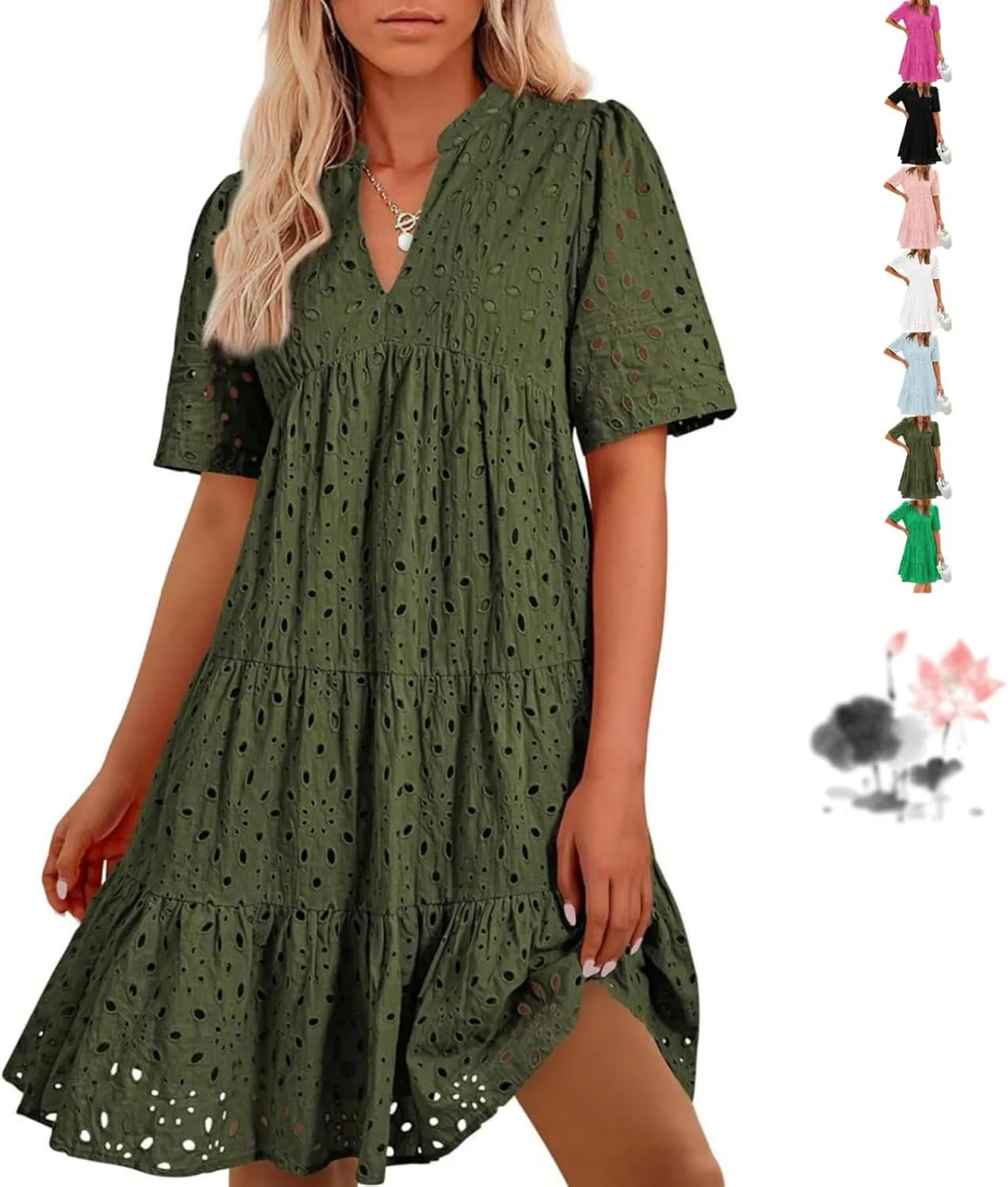 The Beauty North Eyelet Dress, Women's Elegant Hollow Out Lace Ruffle Casual Mini Dress, 2025 Pink Laura V Neck Sun Skirt
