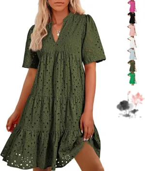 The Beauty North Eyelet Dress, Women's Elegant Hollow Out Lace Ruffle Casual Mini Dress, 2025 Pink Laura V Neck Sun Skirt