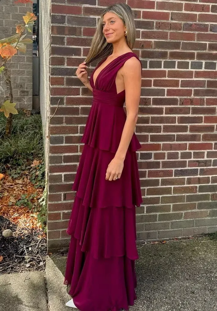 Tiered Ruffles Chiffon Bridesmaid Dresses 2025 V Neck Formal Dress for Women A-Line Long Maxi Evening Gown