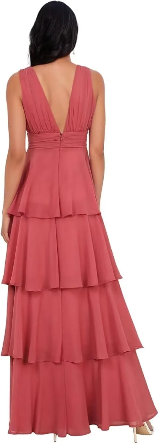 Tiered Ruffles Chiffon Bridesmaid Dresses 2025 V Neck Formal Dress for Women A-Line Long Maxi Evening Gown