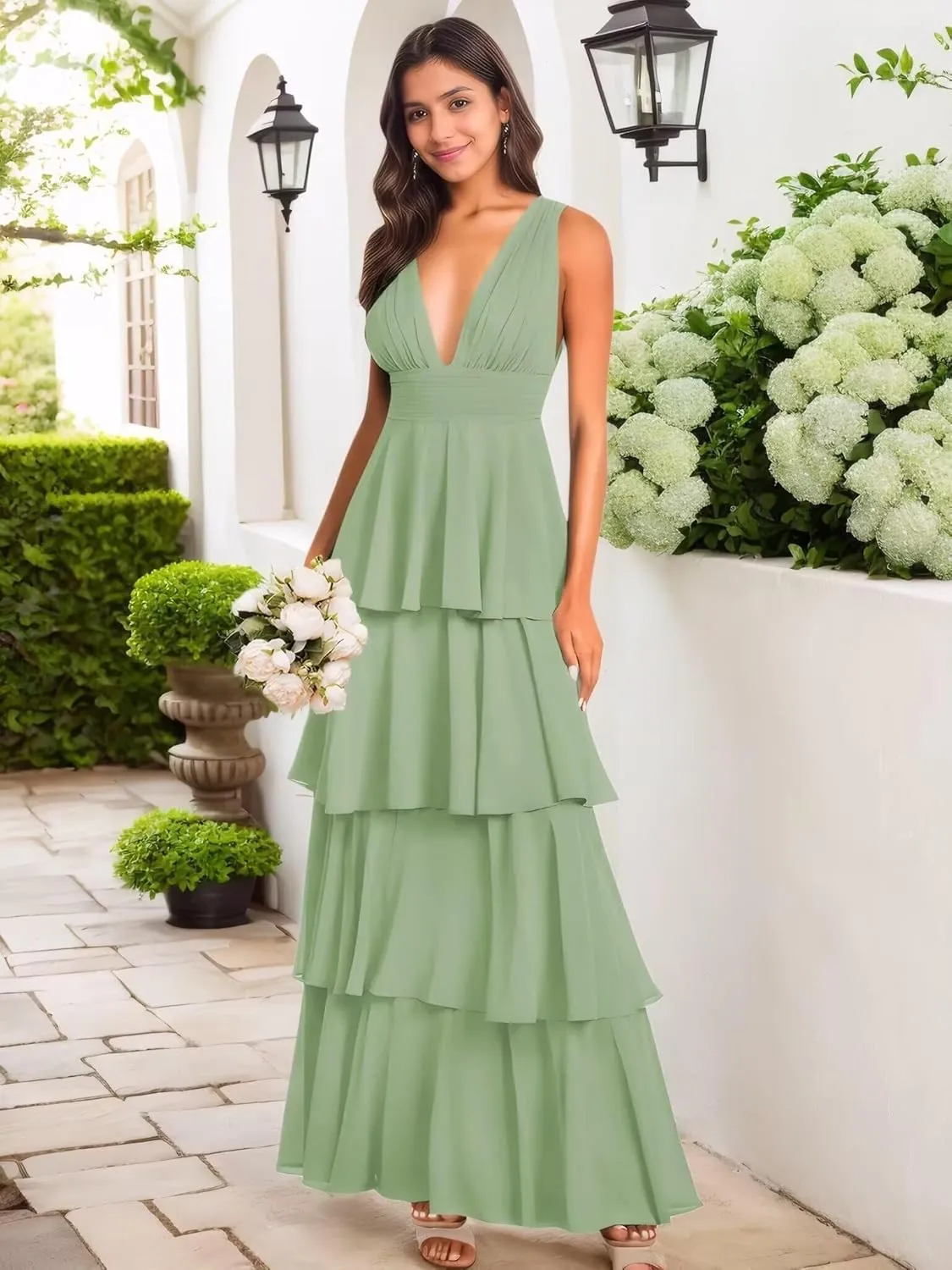 Tiered Ruffles Chiffon Bridesmaid Dresses 2025 V Neck Formal Dress for Women A-Line Long Maxi Evening Gown