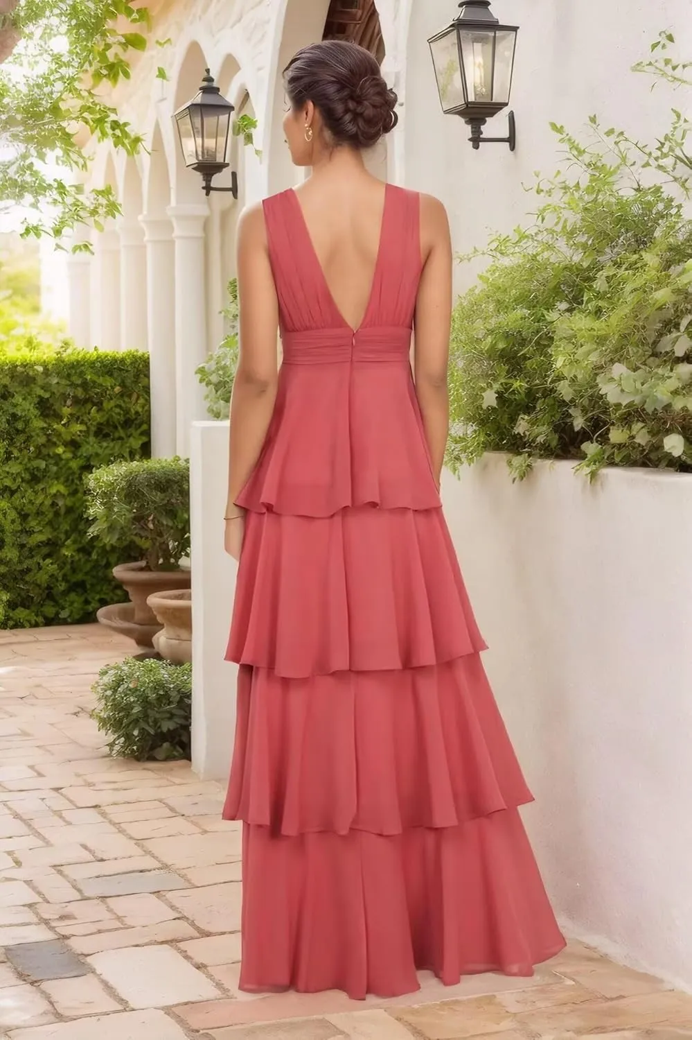 Tiered Ruffles Chiffon Bridesmaid Dresses 2025 V Neck Formal Dress for Women A-Line Long Maxi Evening Gown