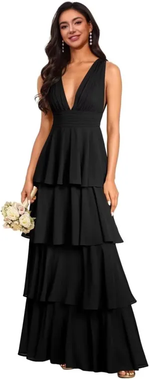 Tiered Ruffles Chiffon Bridesmaid Dresses 2025 V Neck Formal Dress for Women A-Line Long Maxi Evening Gown