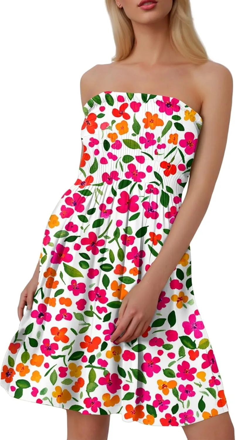 Tube Top Dress-Summer Strapless Dress Beach Vacation Floral Sundresses