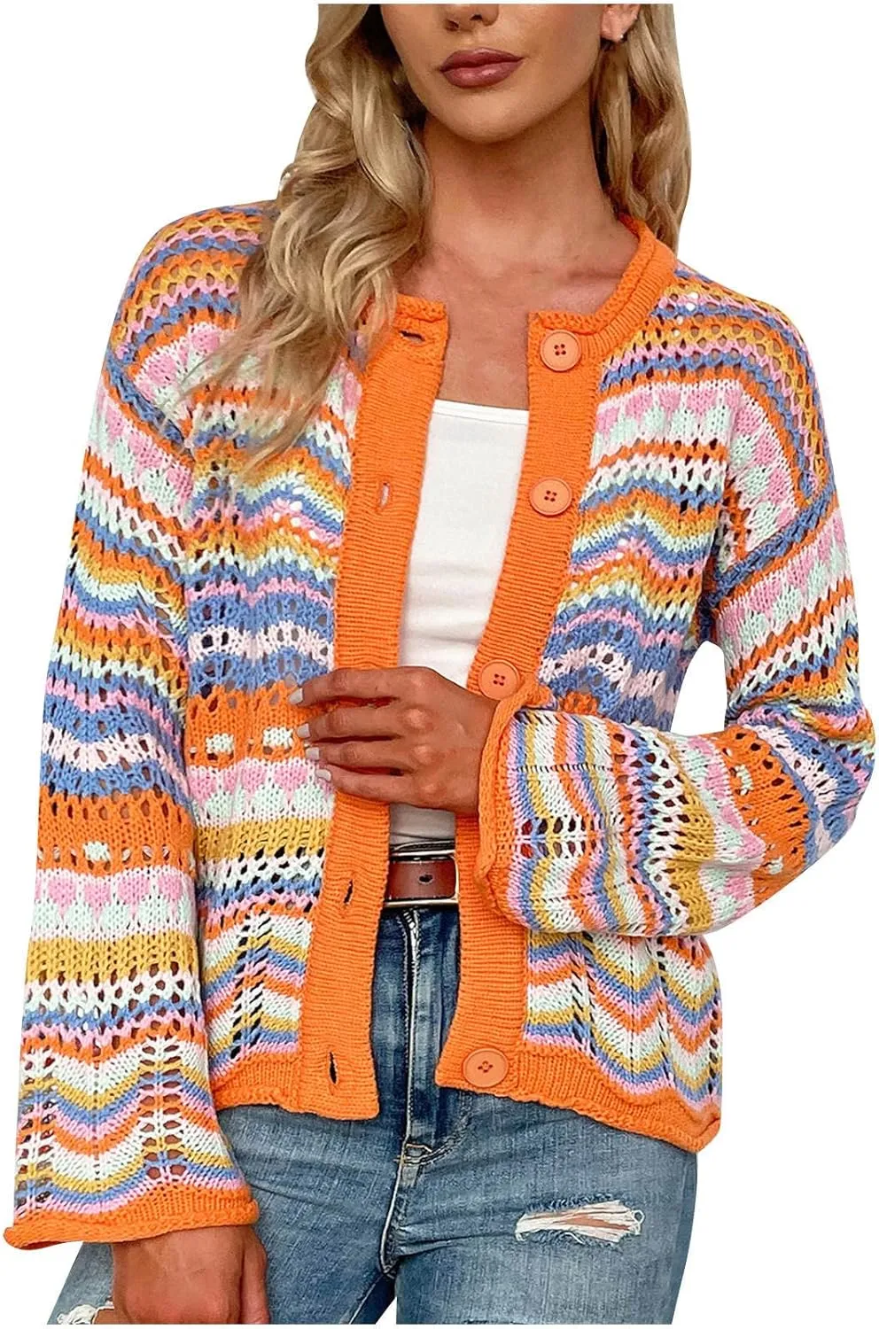 tuduoms Womens Rainbow Stripes Knit Cardigan Cute Y2K Crochet Sweater Top Trendy Lightweight Crewneck Button Sweater Coat