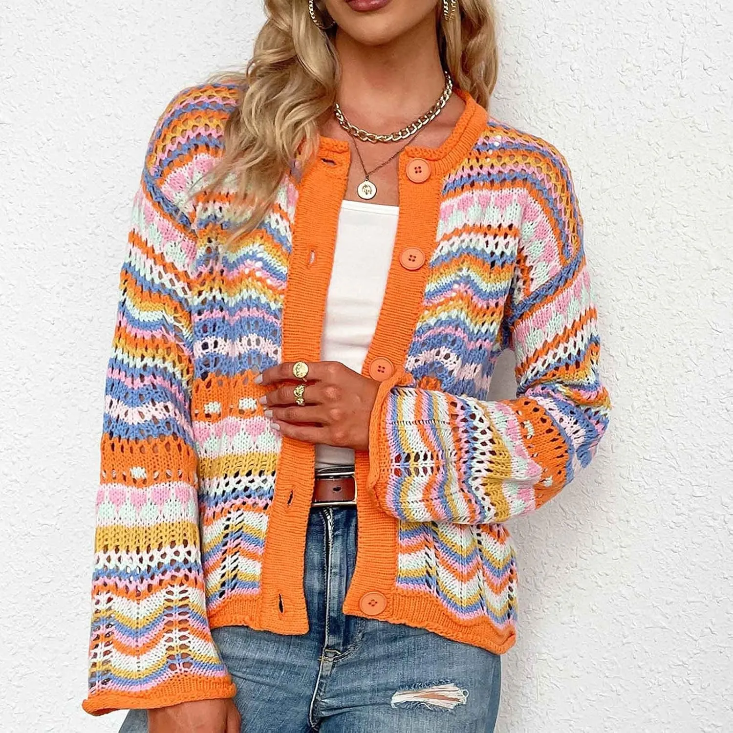 tuduoms Womens Rainbow Stripes Knit Cardigan Cute Y2K Crochet Sweater Top Trendy Lightweight Crewneck Button Sweater Coat