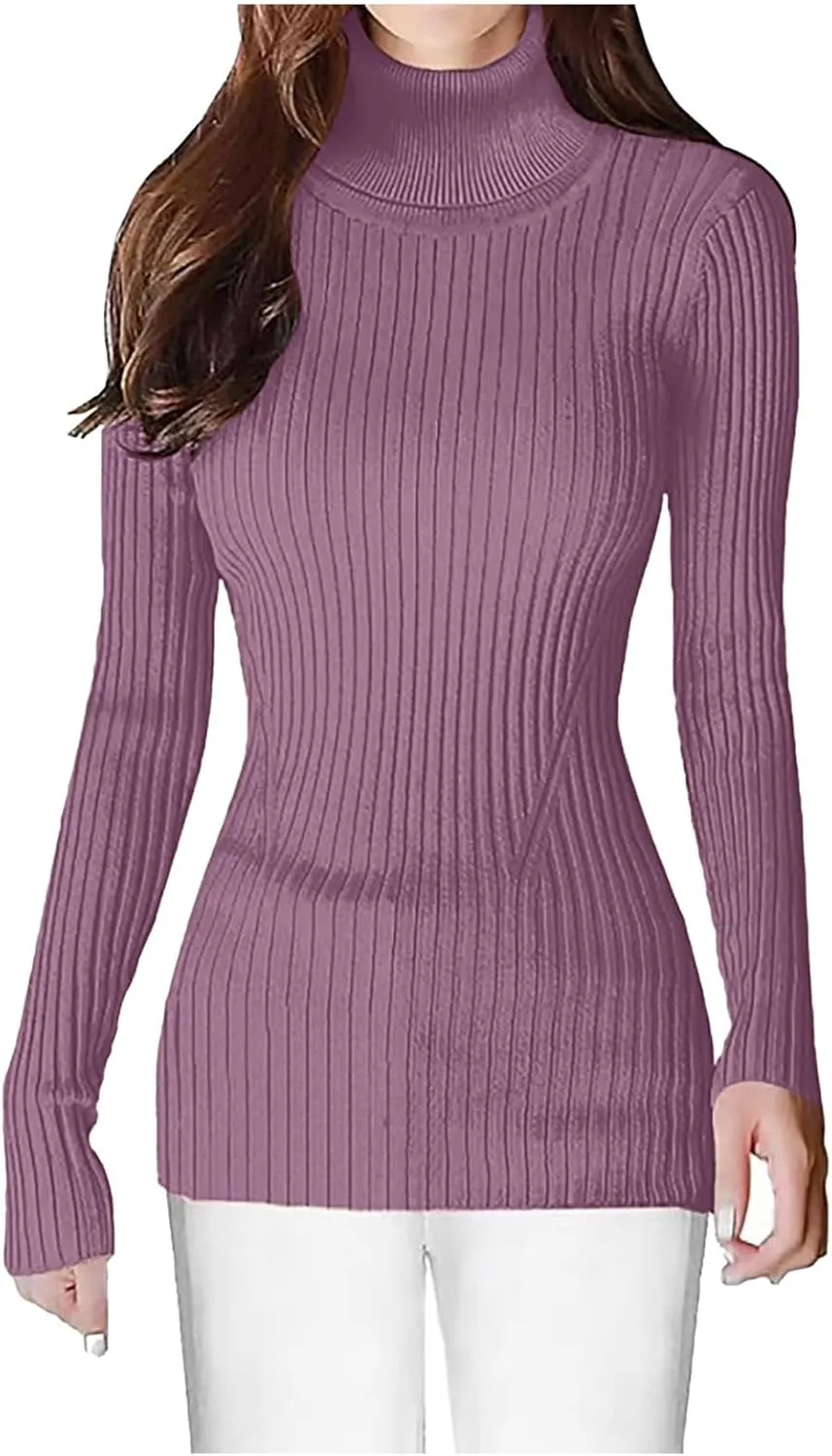 Turtleneck Ribbed Sweaters for Women 2024 Fall Fitted Long Sleeve Knitted Warm Pullover Sweater Basic Tops
