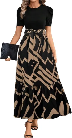 TWGONE Summer Dresses for Women Short Sleeve Casual Long Maxi Dress Floral Print Flowy Dresses with Belt