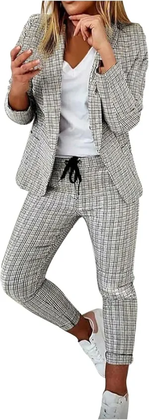 Two Piece Outfits for Women Long Sleeve Business Casual Jacket High Waist Slim Fit Long Pants Fashion Palid Suit Sets