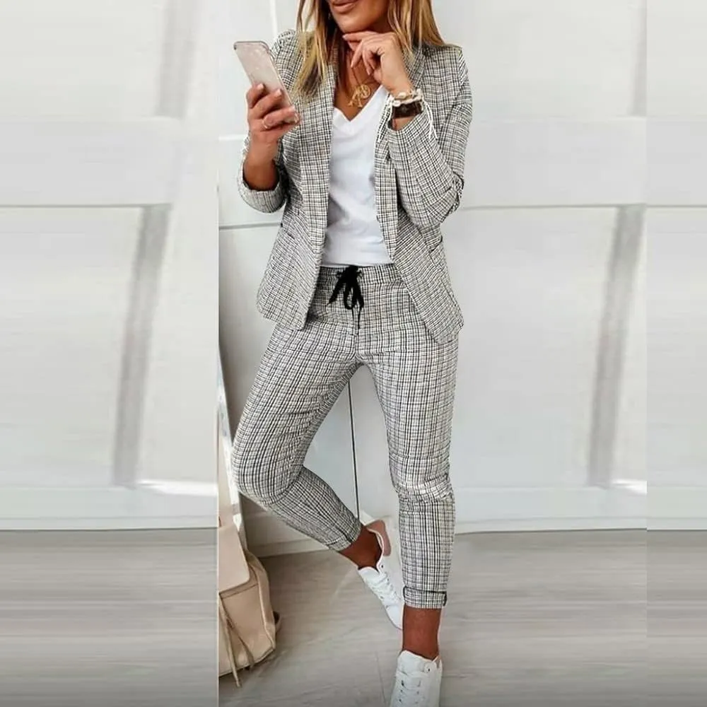 Two Piece Outfits for Women Long Sleeve Business Casual Jacket High Waist Slim Fit Long Pants Fashion Palid Suit Sets