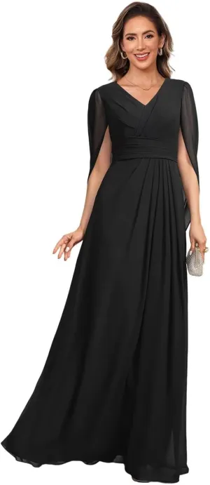 V Neck Cape Sleeves Mother of The Bride Dresses for Wedding Long Pleated Chiffon A-line Formal Dress AD118