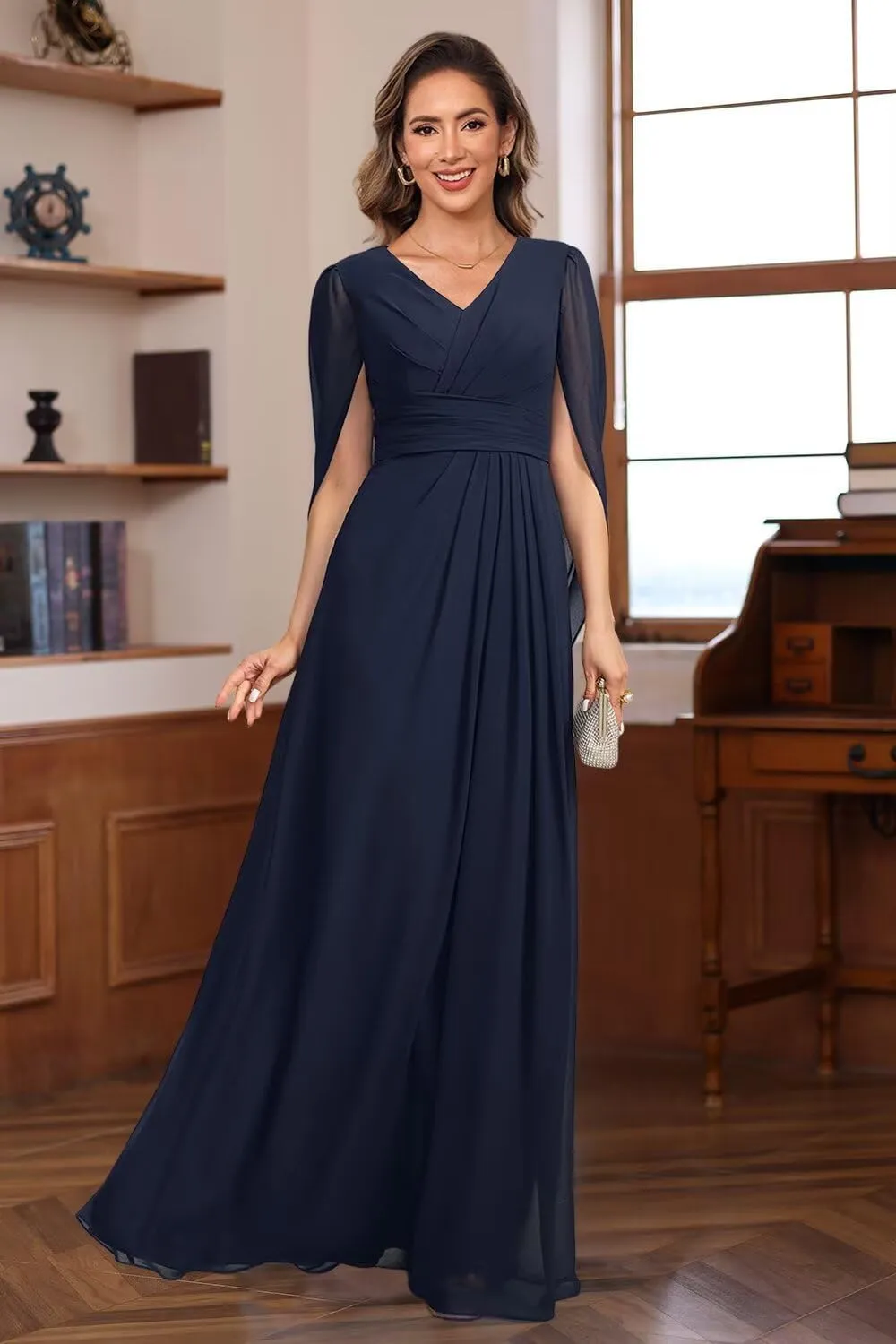 V Neck Cape Sleeves Mother of The Bride Dresses for Wedding Long Pleated Chiffon A-line Formal Dress AD118