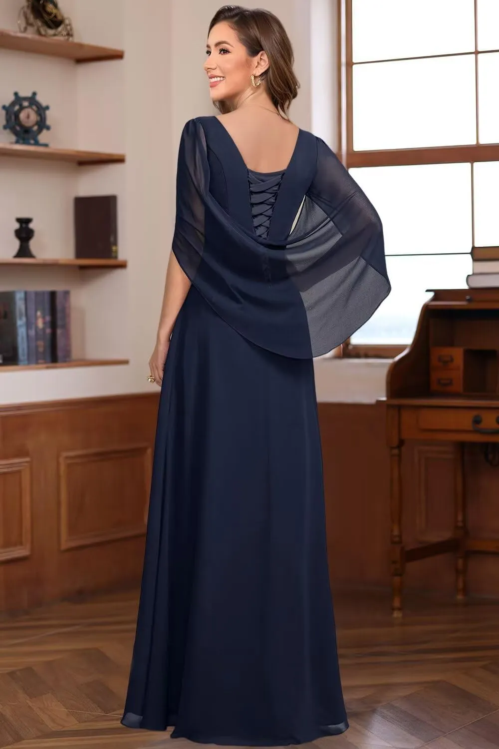 V Neck Cape Sleeves Mother of The Bride Dresses for Wedding Long Pleated Chiffon A-line Formal Dress AD118