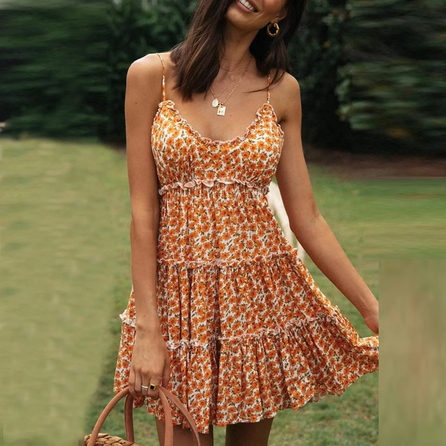 V Neck Womens 2024 Summer Floral Casual Mini Dress Boho Swing Flowy Dresses Short Sleeveless Tiered Ruffle Fit Dress