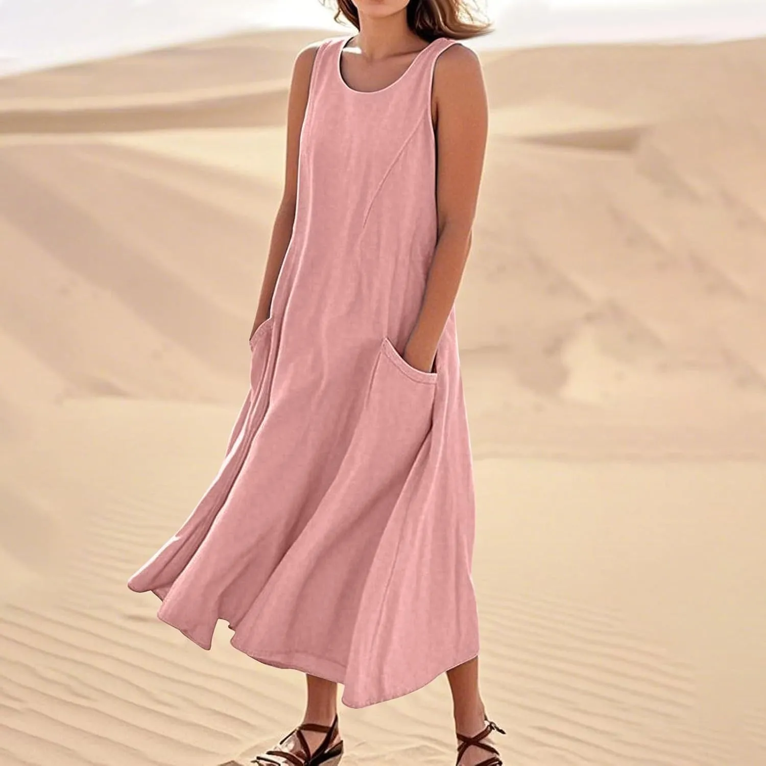 Vacation Dresses for Women 2025 Beach Summer Sleeveless Linen Maxi Dress Boho Flowy Plus Size Sun Dresses with Pocket