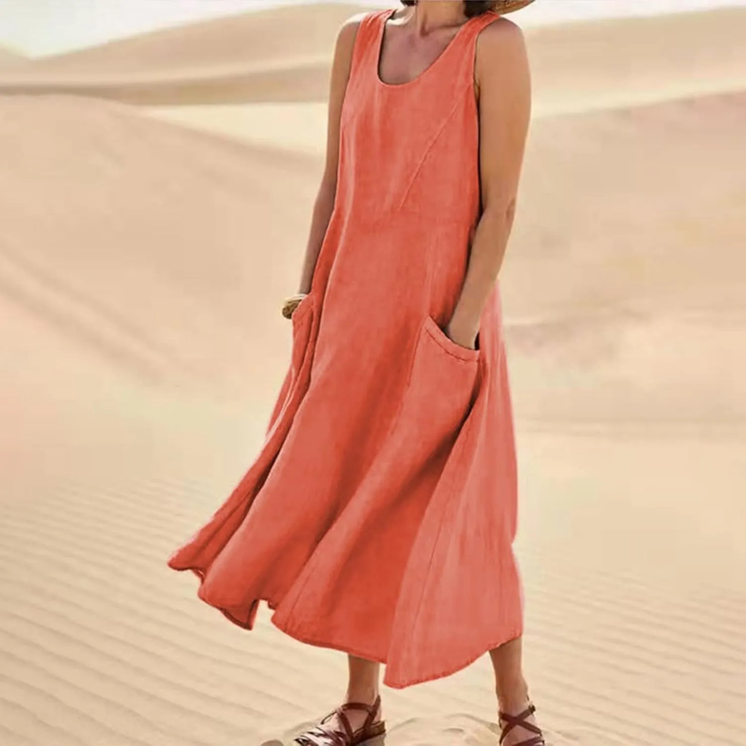 Vacation Dresses for Women 2025 Beach Summer Sleeveless Linen Maxi Dress Boho Flowy Plus Size Sun Dresses with Pocket