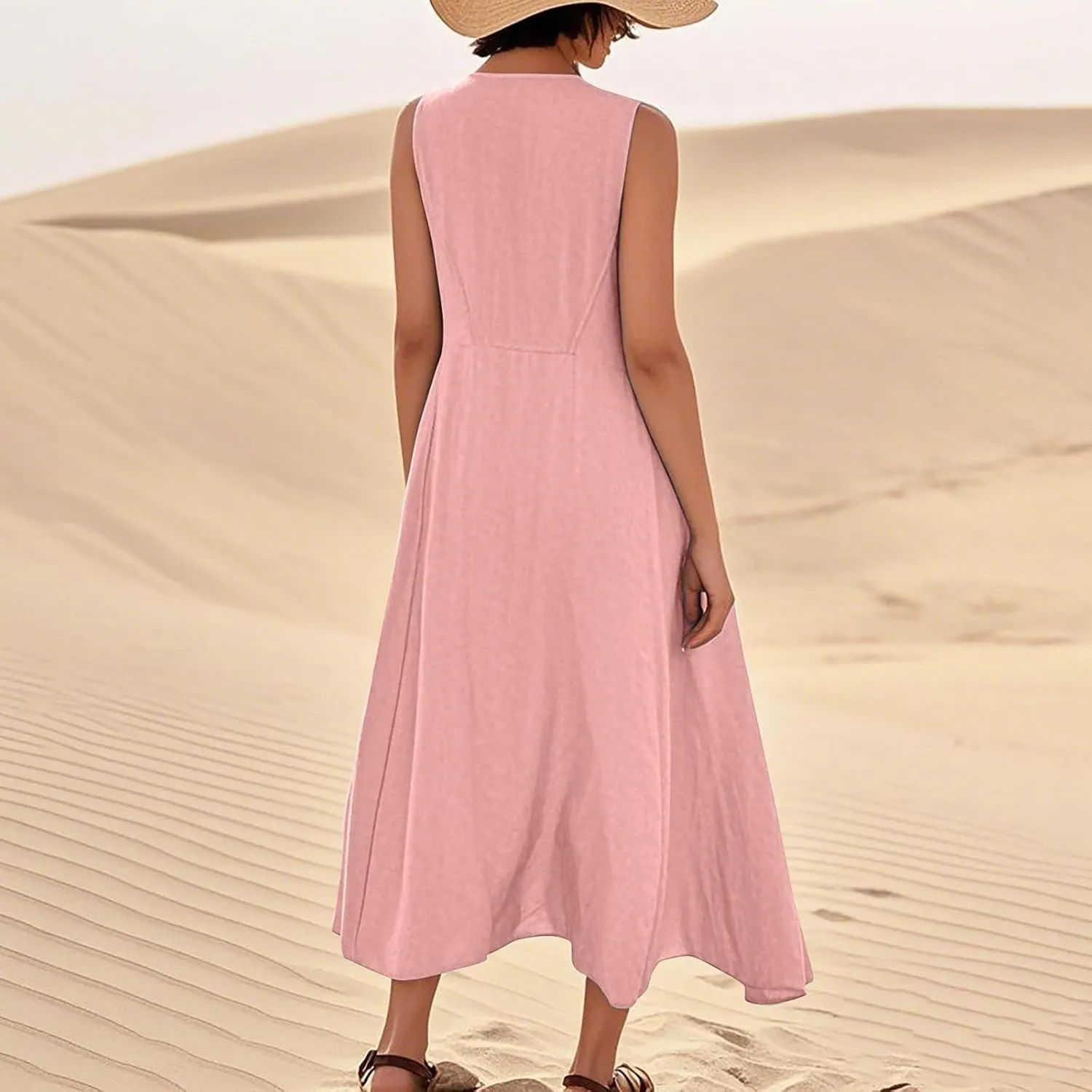 Vacation Dresses for Women 2025 Beach Summer Sleeveless Linen Maxi Dress Boho Flowy Plus Size Sun Dresses with Pocket