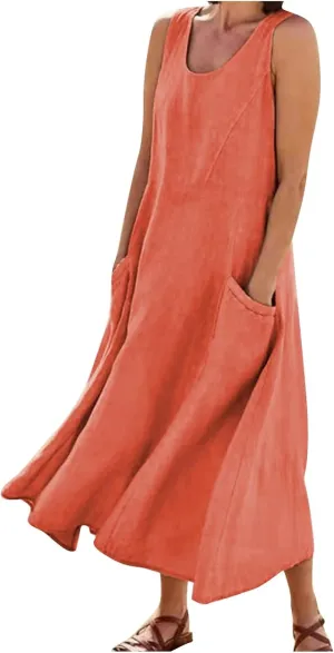 Vacation Dresses for Women 2025 Beach Summer Sleeveless Linen Maxi Dress Boho Flowy Plus Size Sun Dresses with Pocket