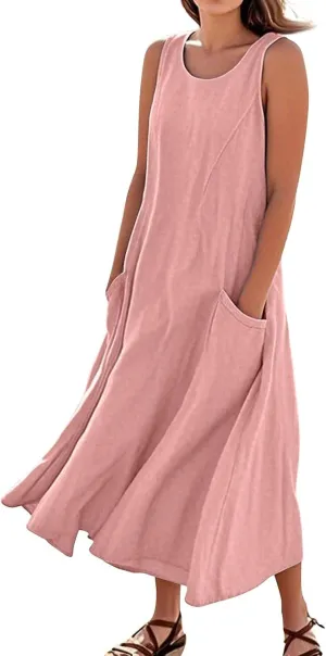 Vacation Dresses for Women 2025 Beach Summer Sleeveless Linen Maxi Dress Boho Flowy Plus Size Sun Dresses with Pocket